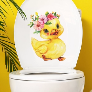 Cute yellow duck toilet seat decal with pink floral wreath for bathroom wall decoration