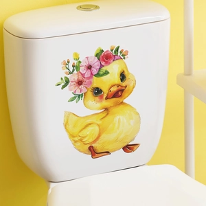 Cute cartoon yellow duck wall sticker with floral wreath for bathroom decoration