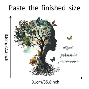 Artistic wall sticker featuring a woman profile with tree and butterflies, 83x91cm size