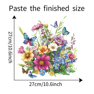 Floral butterfly wall sticker detail showing vivid blossoms and 27x27cm size dimensions