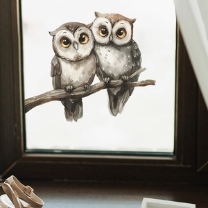 Cartoon owl window stickers for home decor with watercolor owl design on glass
