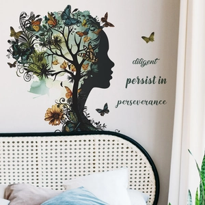 Creative tree wall sticker featuring a female silhouette, colorful butterflies and sunflowers