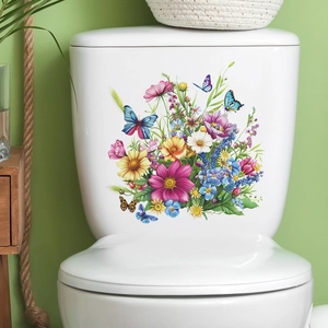 Fresh Floral Butterfly Toilet Sticker Waterproof PVC Self-Adhesive Wall Decal For Bathroom Lid Tank Green Leaf Home Decor