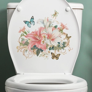 Creative Relief Lily Flower Butterfly Toilet Sticker Waterproof PVC Bathroom Decal Home Decor Removable Floral Wall Art