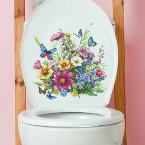 Floral toilet seat sticker featuring colorful flowers and butterflies on a pink background