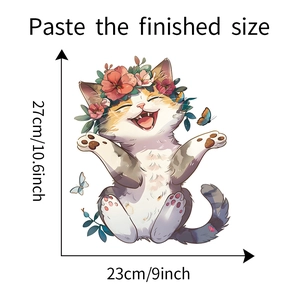 Detailed view of cartoon cat wall decal with floral wreath showing 27x23cm size specs