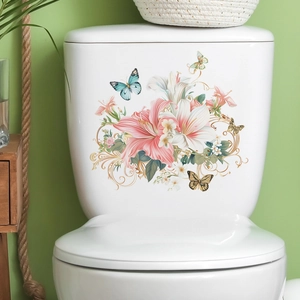 Creative relief floral toilet sticker with pink lilies, blue butterflies and gold vines