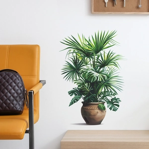 Tropical palm and monstera leaf wall decal in a brown vintage planter for home decor