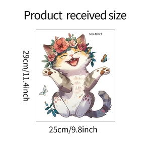 Cartoon kitten wall decal sheet showing 25x29cm product dimensions and floral cat design