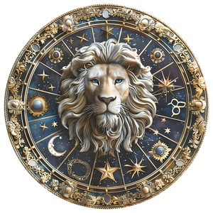 Astrological Leo zodiac wall sticker with 3D lion head and vintage gold compass frame