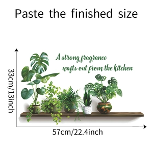 Detail showing artificial potted plants wall sticker with English lettering and dimensions