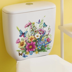 Floral toilet sticker with colorful daisies and butterflies for bathroom wall decoration