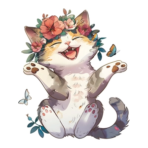 Cartoon cat wall sticker with flower crown and butterflies on a white background