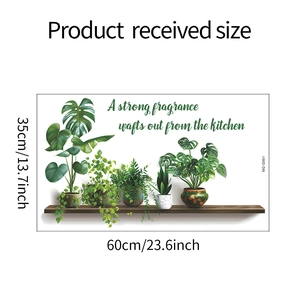 Detail showing artificial green plants wall sticker with 60cm x 35cm size specifications
