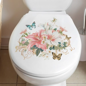 Detail of 3D floral toilet sticker with pink lilies and colorful butterflies on cover