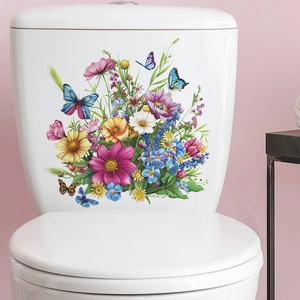 Vibrant floral toilet sticker with colorful butterflies on a white ceramic tank background