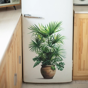 Realistic palm plant wall sticker showing tropical leaves on a white refrigerator door