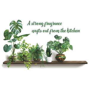 3D tropical plant wall decals with wooden shelf and green leaves on white background