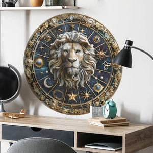 Celestial lion compass wall sticker with 3D gold lion head and zodiac sun moon motifs