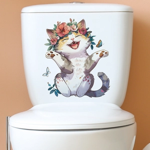Cartoon kitten wall sticker with floral wreath and butterflies for toilet decoration