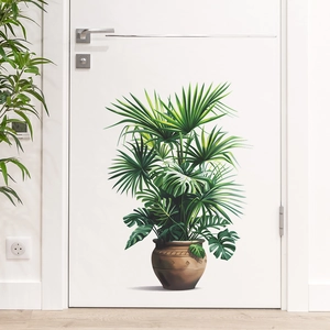 Realistic tropical palm and monstera plant wall sticker with vintage terracotta pot pattern