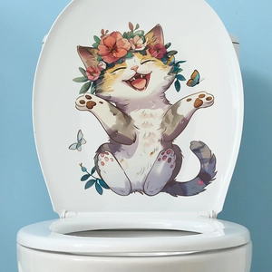 Cartoon calico cat toilet lid sticker with floral wreath and colorful butterflies
