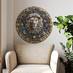 Round Leo zodiac constellation wall decal with a golden lion over a modern beige sofa