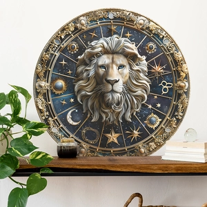 Detail of a Leo constellation wall sticker with a 3D lion head and gold celestial symbols