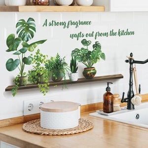 Detail of waterproof PVC green plant wall stickers with shelving and English lettering