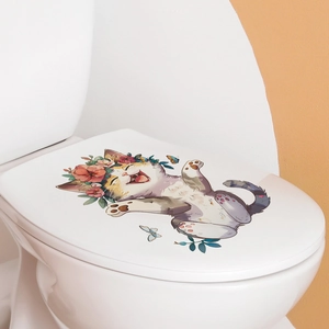 Cartoon tabby cat toilet lid sticker with floral wreath and butterflies for bathroom decor