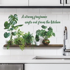Potted green plants wall sticker with kitchen quote on white brick background