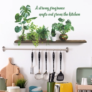 Minimalist artificial potted plant wall stickers with green leaves and kitchen quote