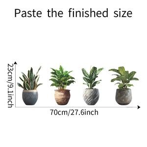 Dimensions détaillées des quatre stickers muraux plantes vertes avec mesures de 70x23cm