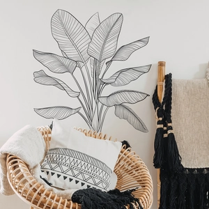 Stickers muraux minimalistes à lignes noires de feuilles tropicales pour décor moderne