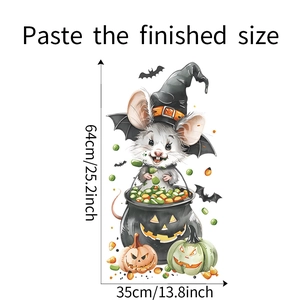 Detail showing Halloween mouse sticker dimensions with candy pumpkin and bat elements