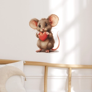 Cartoon brown mouse holding a red heart wall sticker for kitchen and home decor