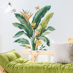 Adesivo murale tropicale con foglie verdi e fiori gialli per decorare il soggiorno