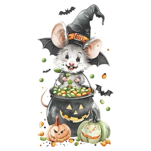 Halloween wall sticker with cute white mouse in wizard hat and pumpkin candy bowl