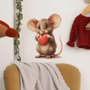 Cartoon mouse wall sticker holding a red heart for nursery and kitchen home decor
