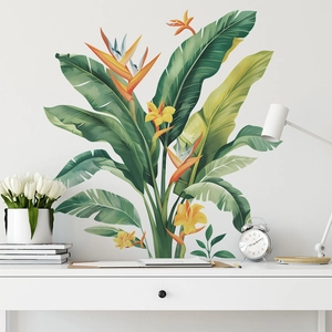 Adesivo da Parete con Piante Tropicali Fiore dell'Uccello del Paradiso Foglie Verdi PVC Removibile Autoadesivo per Soggiorno Camera da Letto