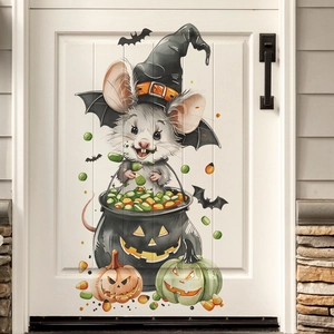 Halloween wall sticker with cartoon mouse, pumpkin and bats on a white front door