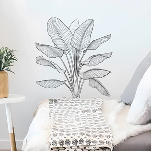 Sticker Mural Minimaliste Ligne Noire Feuille Tropicale Bananier PVC Amovible Décoration Intérieure Nordique Salon Chambre