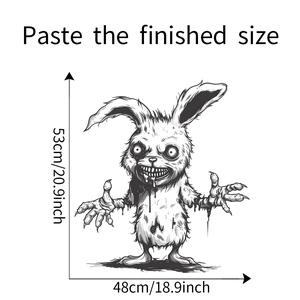 Detail view of scary zombie rabbit wall sticker showing precise size measurements