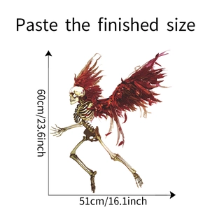Size chart for angel skeleton wall sticker with red wings measuring 60cm by 51cm