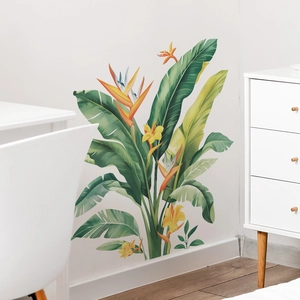 Adesivo murale con foglie di banano tropicale e fiori di uccello del paradiso decor