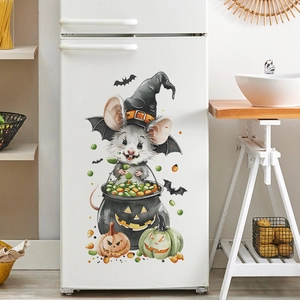 Detail of Halloween wall stickers featuring cartoon mouse, pumpkin and candy on fridge