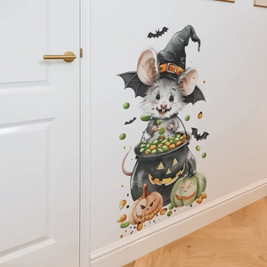 Halloween wall sticker featuring cartoon mice with pumpkins and candy on a white wall