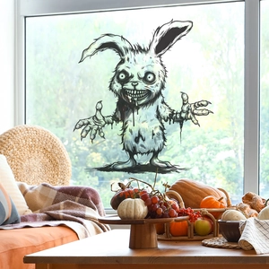 Macro shot of Halloween zombie rabbit window sticker in a cozy living room home setting