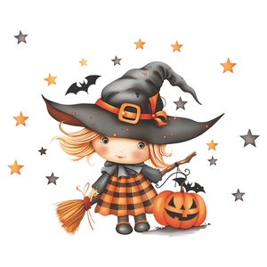 Cartoon Halloween Wandaufkleber mit niedlicher Hexe, Kürbis-Laterne und Besen-Dekoration