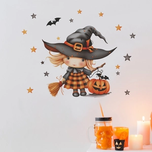 Halloween Wandaufkleber mit Cartoon-Hexe und Kürbis auf einer sauberen weißen Wand
